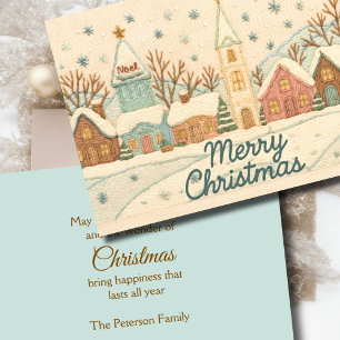Embroidery Christmas Snowy Village Scene Holiday Card