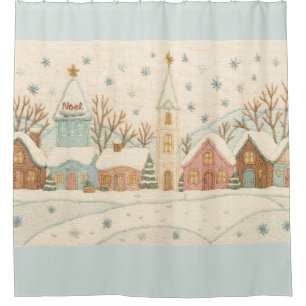 Embroidery Christmas Snowy Village Scene Shower Curtain