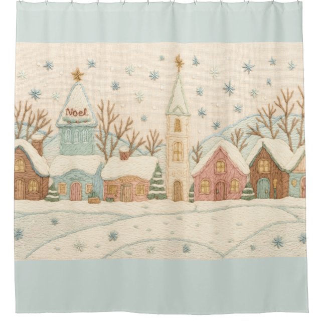 Embroidery Christmas Snowy Village Scene Shower Curtain (Front)