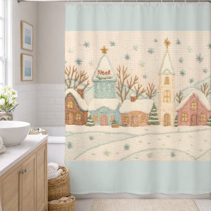 Embroidery Christmas Snowy Village Scene Shower Curtain