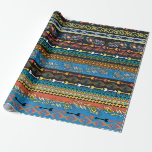 Embroidery colourful simplified ethnic feathers pa wrapping paper