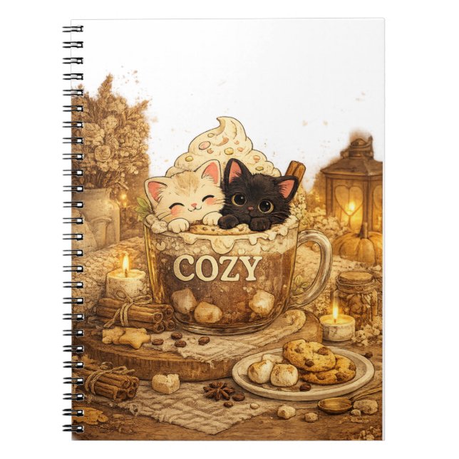 embroidery, Cosy cat mug, Chibi kittens, Tuxedo c Notebook (Front)