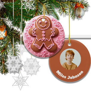 Embroidery Effect Christmas Gingerbread Man Photo Ceramic Tree Decoration