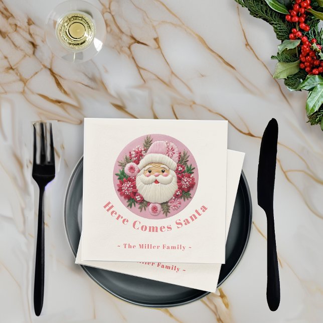 Embroidery Effect Christmas Santa Custom Name Napkin (Creator Uploaded)