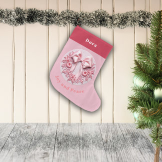Embroidery Effect Pink Christmas Bow Custom Name Large Christmas Stocking