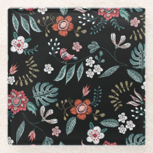 Embroidery Floral Neckline, Vintage Bouquet. Glass Coaster