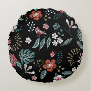 Embroidery Floral Neckline, Vintage Bouquet. Round Cushion