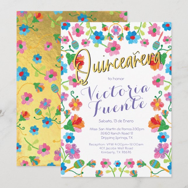 Embroidery Floral Quinceañera  Mexican Spanish Invitation (Front/Back)