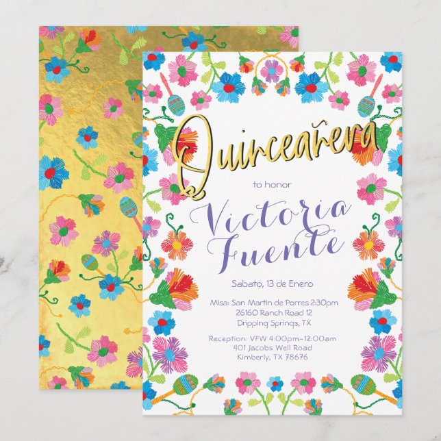 Embroidery Floral Quinceañera  Mexican Spanish Invitation (Front/Back)