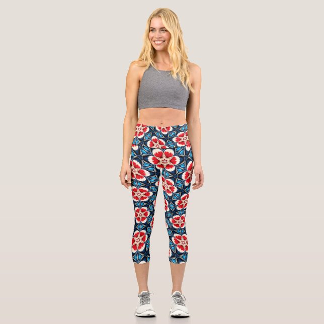 Embroidery Flower Patterns Capri Leggings (Front)