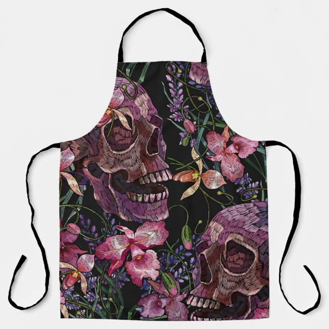 Embroidery human skull and pink orchid flowers pat apron (Front)