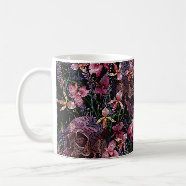 Embroidery human skull and pink orchid flowers pat coffee mug (Left)