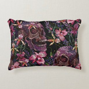 Embroidery human skull and pink orchid flowers pat decorative cushion