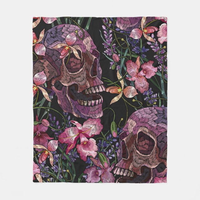 Embroidery human skull and pink orchid flowers pat fleece blanket (Front)