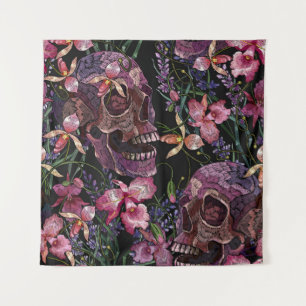Embroidery human skull and pink orchid flowers pat tapestry