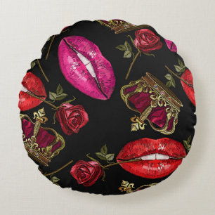 Embroidery lips, roses, crown seamless pattern. round cushion