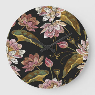 Embroidery Lotus Flowers Seamless Pattern Large Clock