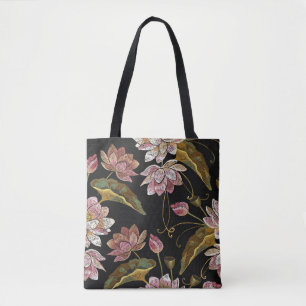 Embroidery Lotus Flowers Seamless Pattern Tote Bag