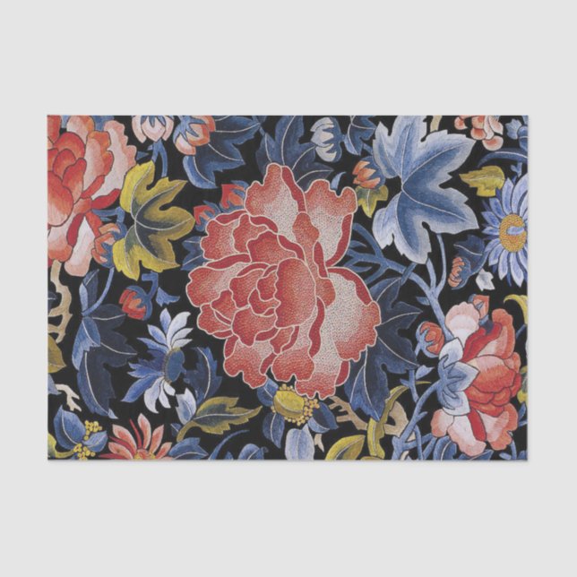 embroidery navy blue coral pink floral peony tissue paper (Front)
