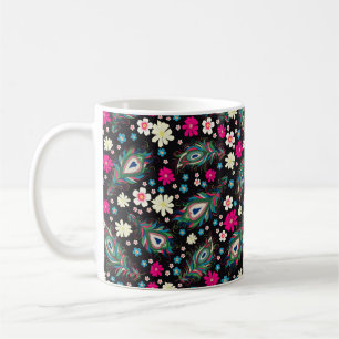 Embroidery peacock feathers seamless pattern. Clas Coffee Mug