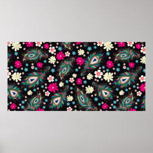 Embroidery peacock feathers seamless pattern. Clas Poster