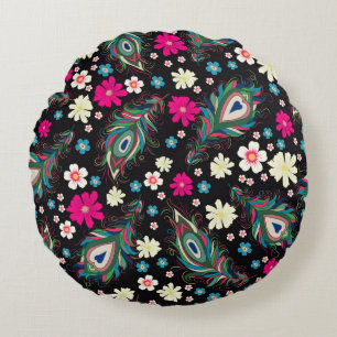 Embroidery peacock feathers seamless pattern. Clas Round Cushion