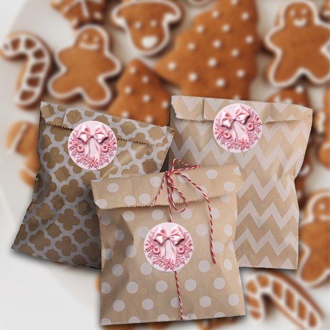 Embroidery Pink Christmas Bow Classic Round Sticker (Creator Uploaded)