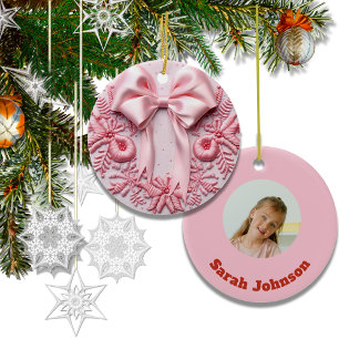 Embroidery Pink Christmas Bow Custom Photo Name Ceramic Tree Decoration
