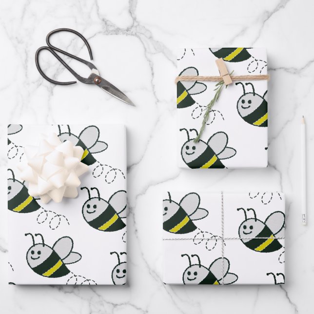 Embroidery Print Cute Bee Baby Shower Wrapping Paper Sheet (Front)