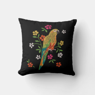 Embroidery Print Parrot Red Yellow Pink Floral Cushion