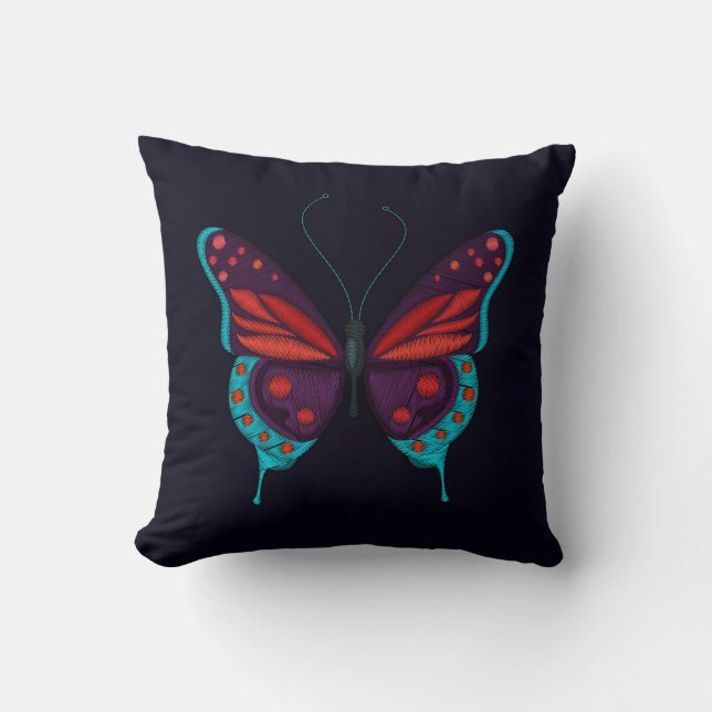 Embroidery Print Red Blue Purple Butterfly Black Cushion (Front)