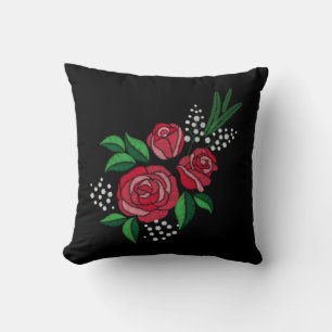 Embroidery Print Red Rose Green Leave White flower Cushion