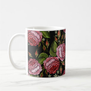 Embroidery red roses vintage seamless pattern. Bea Coffee Mug