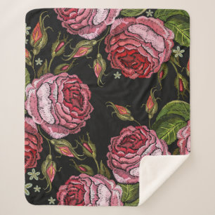 Embroidery red roses vintage seamless pattern. Bea Sherpa Blanket
