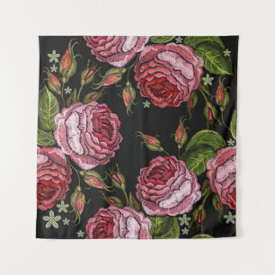Embroidery red roses vintage seamless pattern. Bea Tapestry