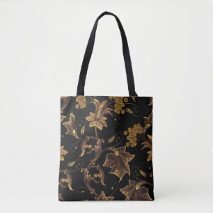 Embroidery renaissance golden floral seamless patt tote bag