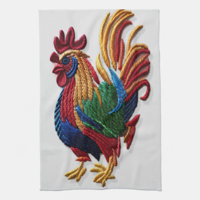 Embroidery rooster - Embroidery traditional animal Tea Towel (Vertical)
