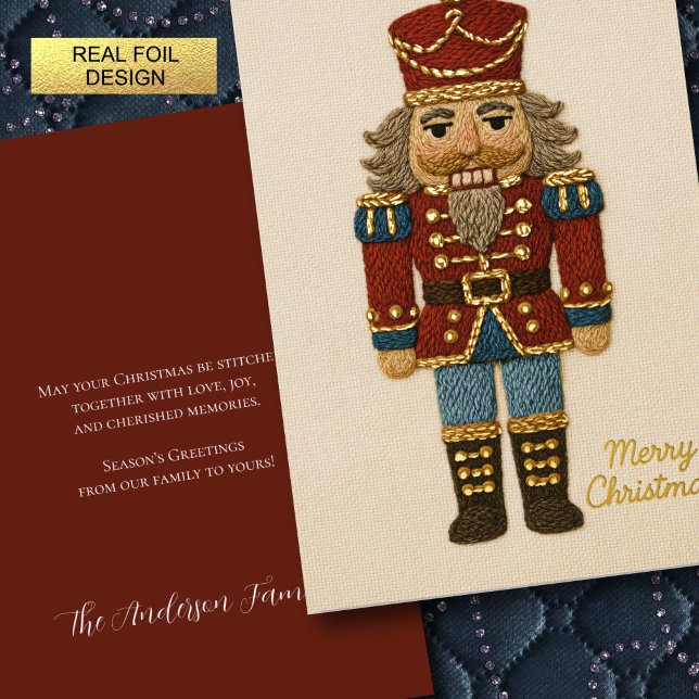 Embroidery Stitchwork of Nutcracker Christmas Foil Holiday Card (Creator Uploaded)