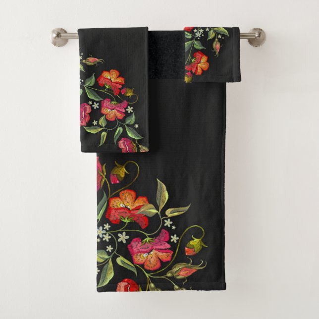 Embroidery Style Floral Border on Black Background Bath Towel Set (Insitu)