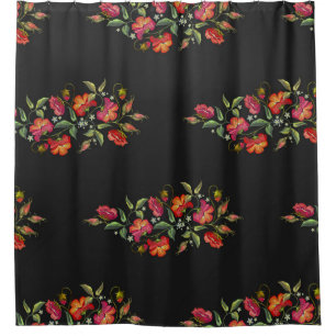 Embroidery Style Floral Border on Black Background Shower Curtain