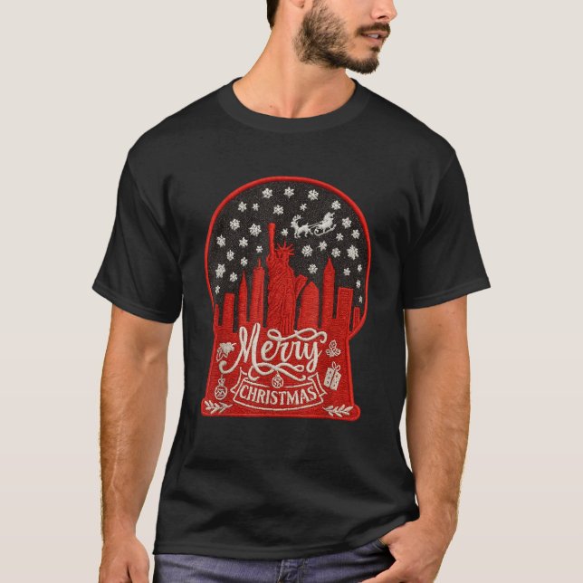 Embroidery Style Merry christmas new york skyline  T-Shirt (Front)