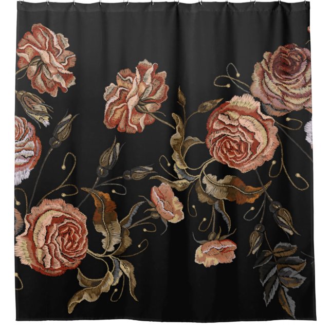 Embroidery vintage buds of roses pattern shower curtain (Front)