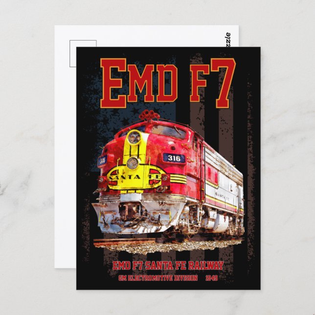 EMD F7 Santa Fe Warbonnet with American Flag. Postcard (Front/Back)