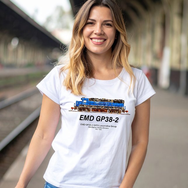 EMD GP38-2 Diesel Locomotive GATX blue and white T-Shirt (EMD GP38-2 Diesel Locomotive GATX blue and white. Womens Basic T-Shirt)