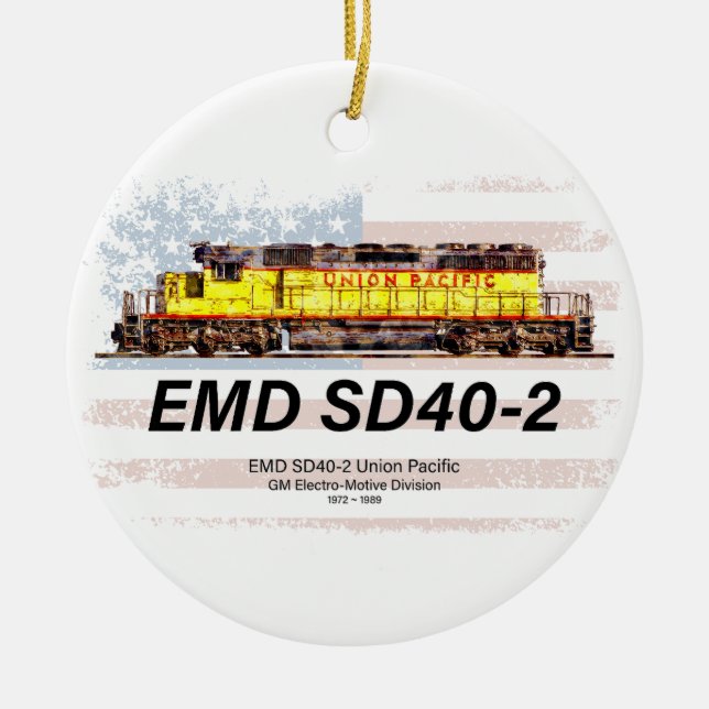 EMD SD40-2 Diesel Locomotive. American flag Ceramic Tree Decoration (Front)