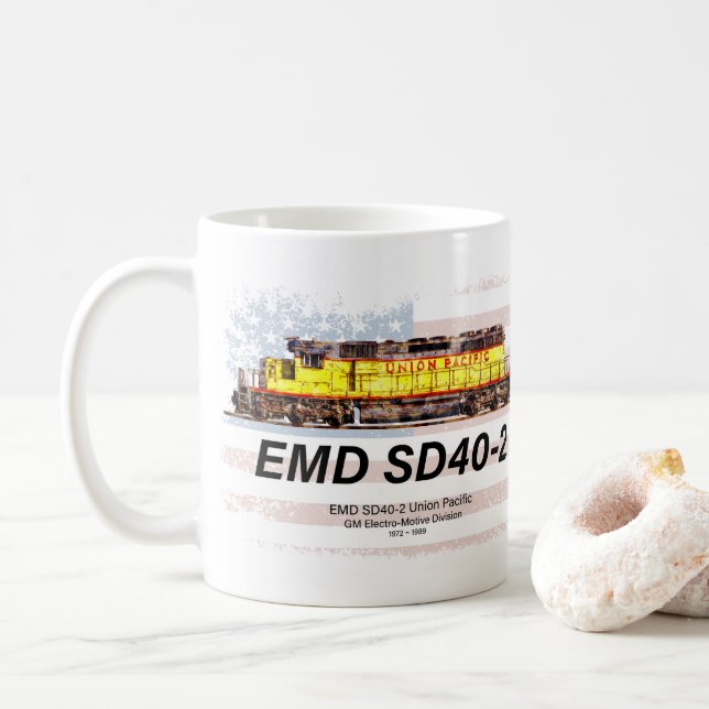EMD SD40-2 Diesel Locomotive. American flag Coffee Mug (With Donut)