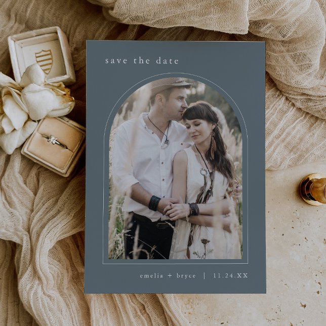 EMELIA Arch Photo Simple Boho Dark Blue Wedding Save The Date (EMELIA Arch Photo Simple Boho Dark Blue Wedding Save The Date)