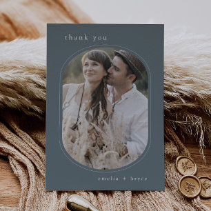 EMELIA Flat Navy Rustic Minimal Boho Photo Wedding Thank You Card