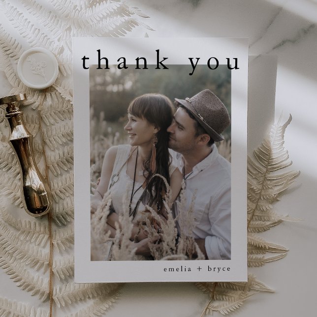 EMELIA Flat White Black Modern Boho Photo Wedding Thank You Card (EMELIA Flat White Black Modern Boho Photo Wedding Thank You Card)