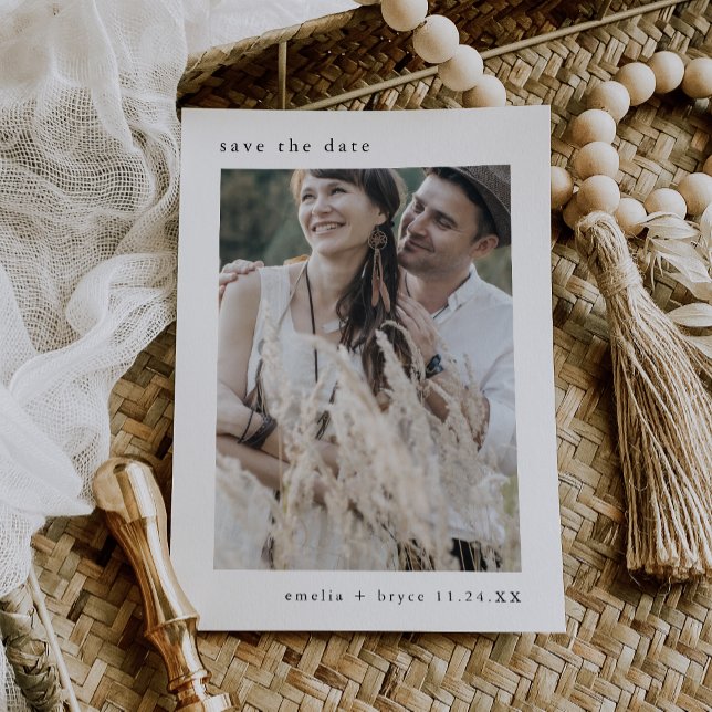 EMELIA Neutral Photo White Black Rustic Wedding Save The Date (EMELIA Neutral Photo White Black Rustic Wedding Save The Date)